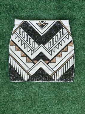 Express Sequin Geometric Mini Skirt XS Black Gold Art Deco